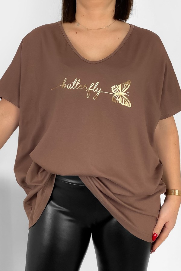 Bluzka damska T-shirt plus size w kolorze brązowym złoty napis Butterfly motyl