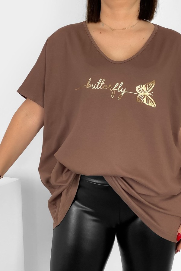 Bluzka damska T-shirt plus size w kolorze brązowym złoty napis Butterfly motyl 1