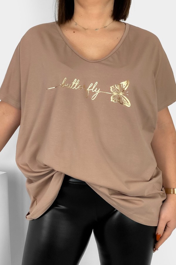 Bluzka damska T-shirt plus size w kolorze beżowym złoty napis Butterfly motyl