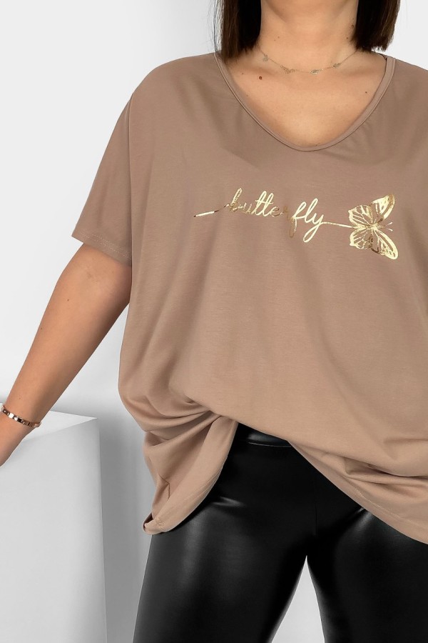 Bluzka damska T-shirt plus size w kolorze beżowym złoty napis Butterfly motyl 1
