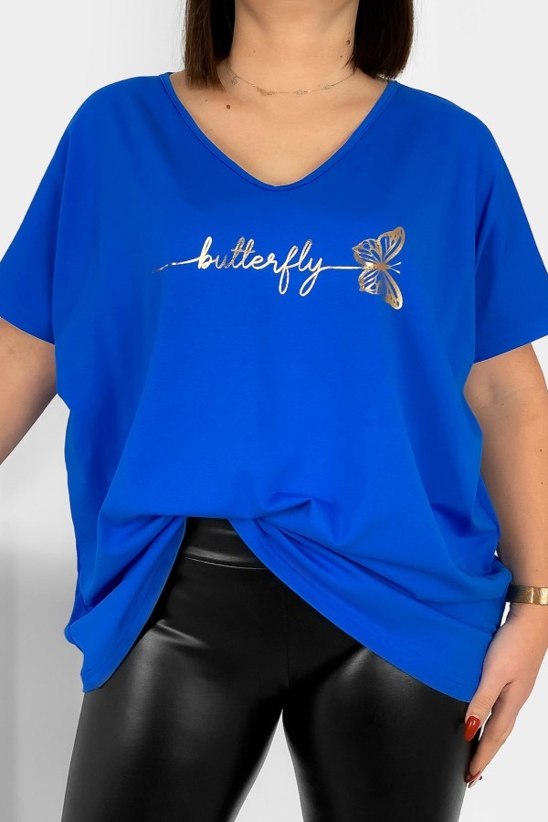 Bluzka damska T-shirt plus size w kolorze chabrowym złoty napis Butterfly motyl