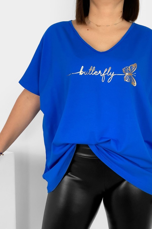 Bluzka damska T-shirt plus size w kolorze chabrowym złoty napis Butterfly motyl 1