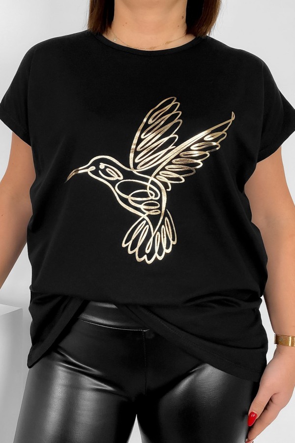Nietoperz T-shirt damski plus size w kolorze czarnym złoty nadruk koliber Humbi
