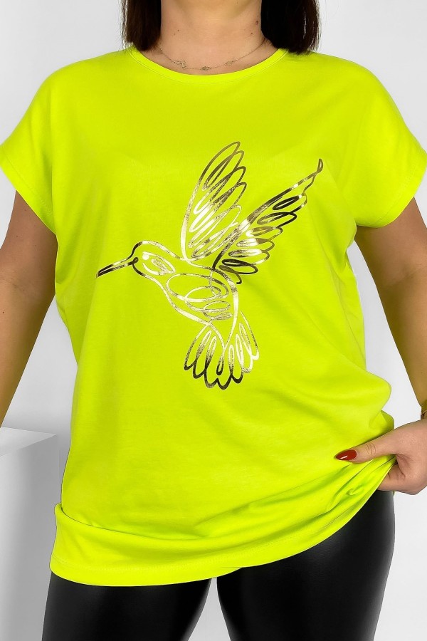 Nietoperz T-shirt damski plus size w kolorze limonkowym złoty nadruk koliber Humbi