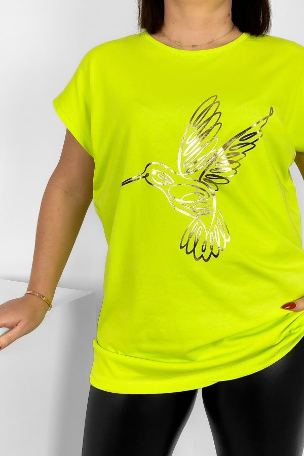 Nietoperz T-shirt damski plus size w kolorze limonkowym złoty nadruk koliber Humbi 1