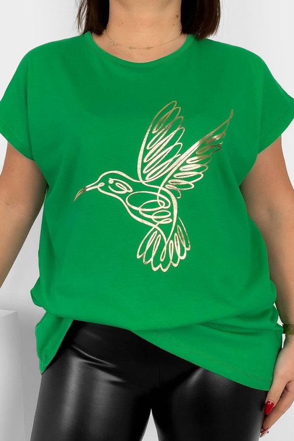Nietoperz T-shirt damski plus size w kolorze zielonym złoty nadruk koliber Humbi