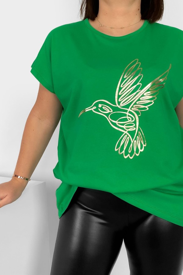 Nietoperz T-shirt damski plus size w kolorze zielonym złoty nadruk koliber Humbi 1