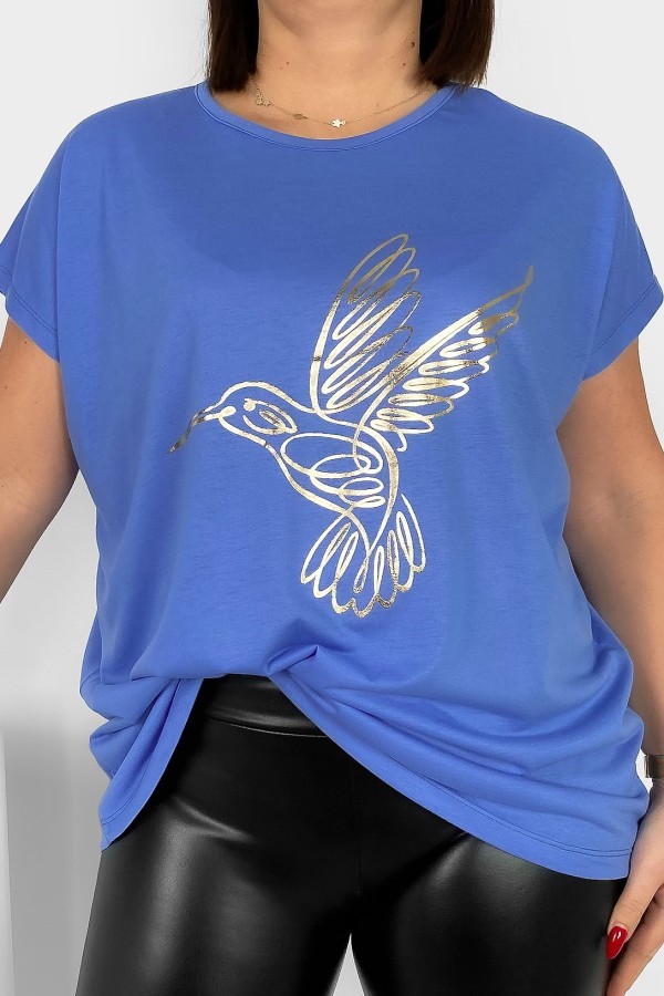 Nietoperz T-shirt damski plus size w kolorze sky blue złoty nadruk koliber Humbi