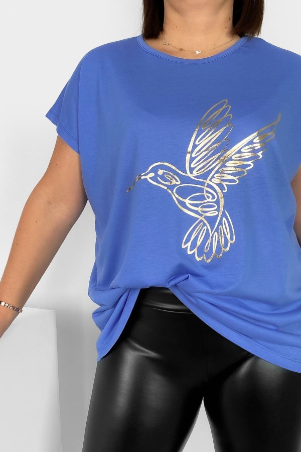 Nietoperz T-shirt damski plus size w kolorze sky blue złoty nadruk koliber Humbi 1