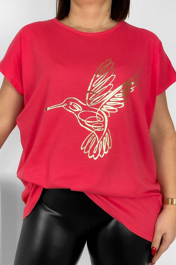 Nietoperz T-shirt damski plus size w kolorze paradise pink złoty nadruk koliber Humbi 2