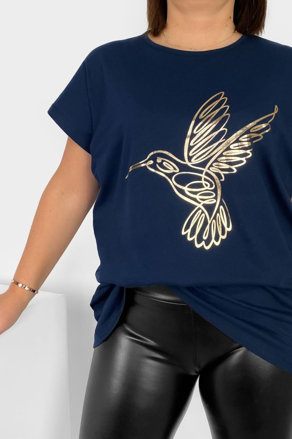 Nietoperz T-shirt damski plus size w kolorze granatowym złoty nadruk koliber Humbi 1