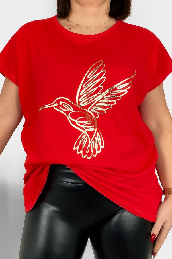 Nietoperz T-shirt damski plus size w kolorze czerwonym złoty nadruk koliber Humbi