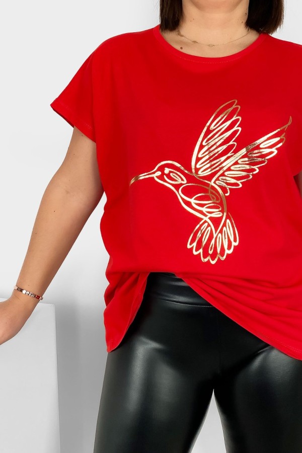 Nietoperz T-shirt damski plus size w kolorze czerwonym złoty nadruk koliber Humbi 1