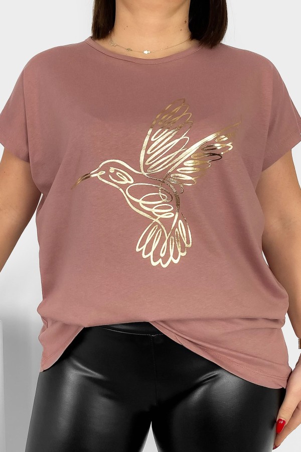 Nietoperz T-shirt damski plus size w kolorze dusty rose złoty nadruk koliber Humbi