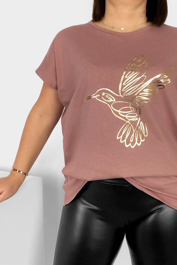 Nietoperz T-shirt damski plus size w kolorze dusty rose złoty nadruk koliber Humbi 1