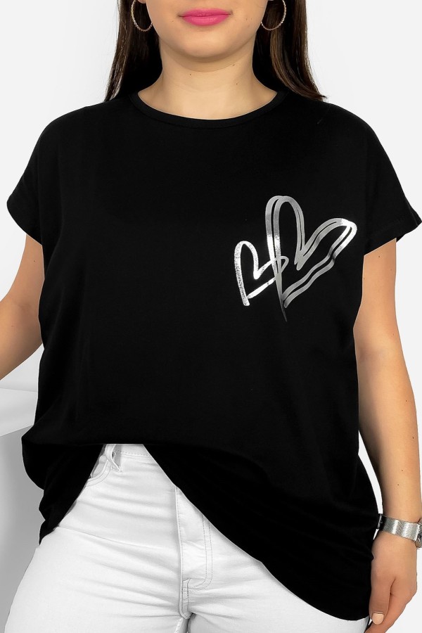 Nietoperz T-shirt damski plus size w kolorze czarnym srebrny nadruk serduszka hearts 2
