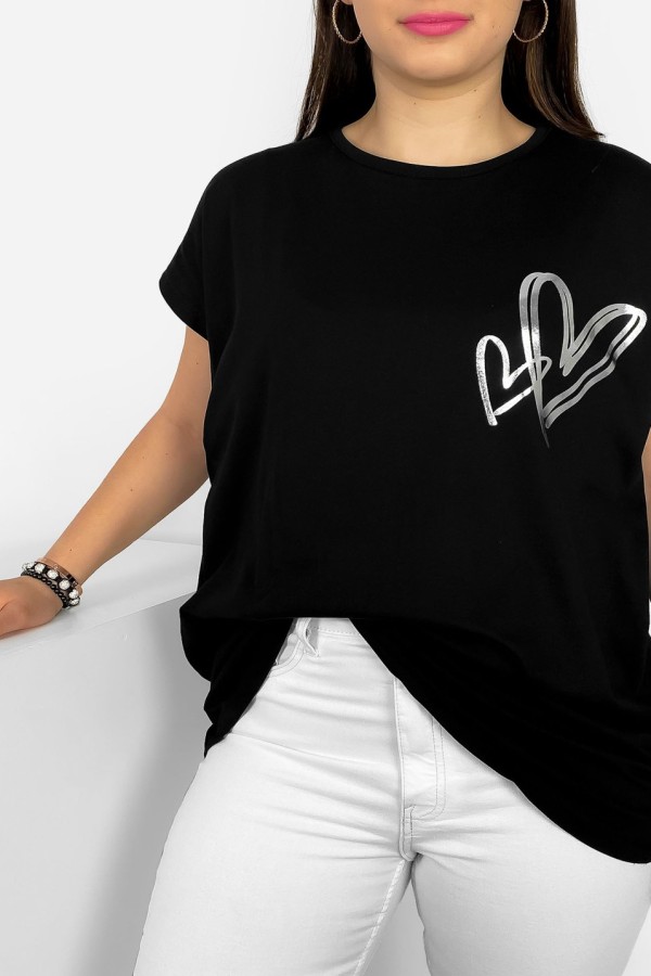 Nietoperz T-shirt damski plus size w kolorze czarnym srebrny nadruk serduszka hearts 1