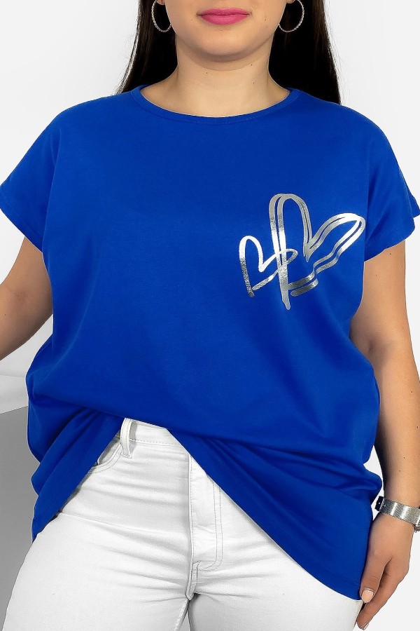 Nietoperz T-shirt damski plus size w kolorze kobaltowym srebrny nadruk serduszka