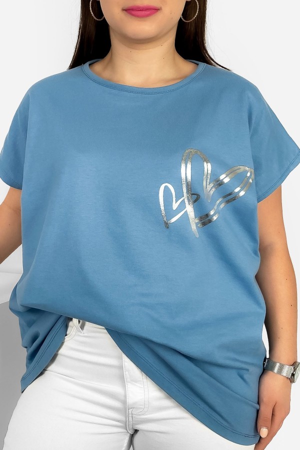 Nietoperz T-shirt damski plus size w kolorze light denim srebrny nadruk serduszka