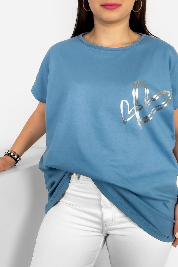 Nietoperz T-shirt damski plus size w kolorze light denim srebrny nadruk serduszka 1