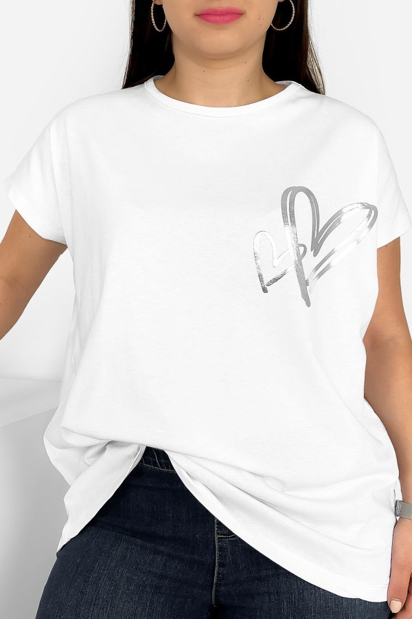 Nietoperz T-shirt damski plus size w kolorze białym srebrny nadruk serduszka 2
