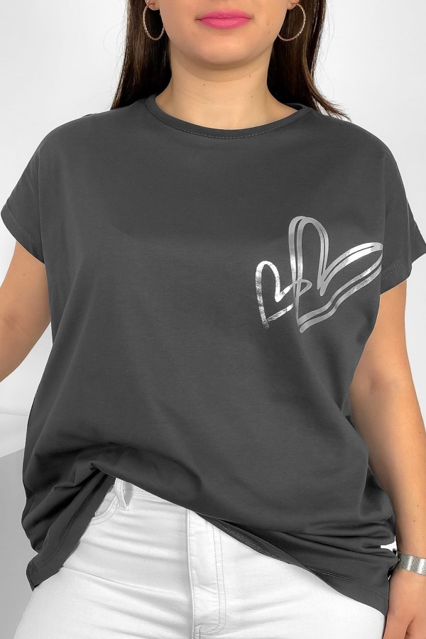 Nietoperz T-shirt damski plus size w kolorze grafitowym srebrny nadruk serduszka