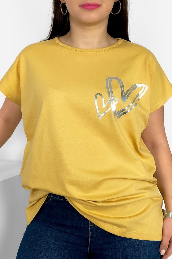 Nietoperz T-shirt damski plus size w kolorze mango srebrny nadruk serduszka hearts