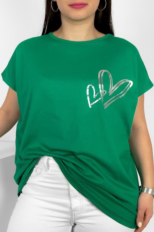 Nietoperz T-shirt damski plus size w kolorze zielonym srebrny nadruk serduszka