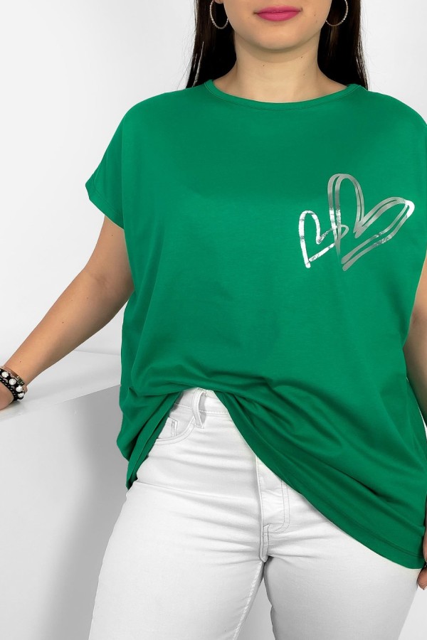Nietoperz T-shirt damski plus size w kolorze zielonym srebrny nadruk serduszka hearts 1
