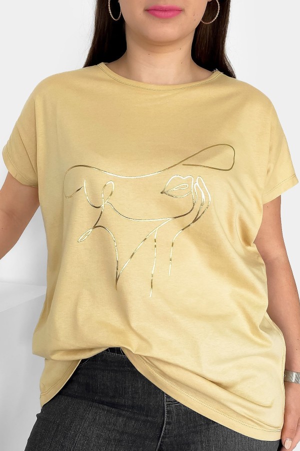 Nietoperz T-shirt damski plus size w kolorze latte beż złoty nadruk kobieta kapelusz