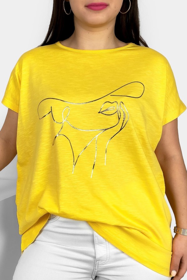 Nietoperz T-shirt damski plus size w kolorze żółtym złoty nadruk kobieta kapelusz