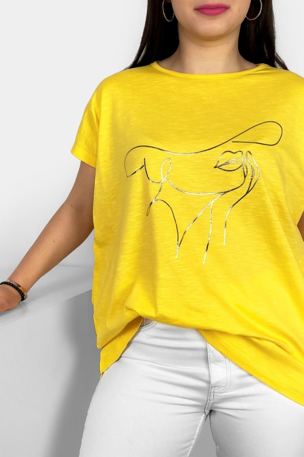 Nietoperz T-shirt damski plus size w kolorze żółtym złoty nadruk kobieta kapelusz 1