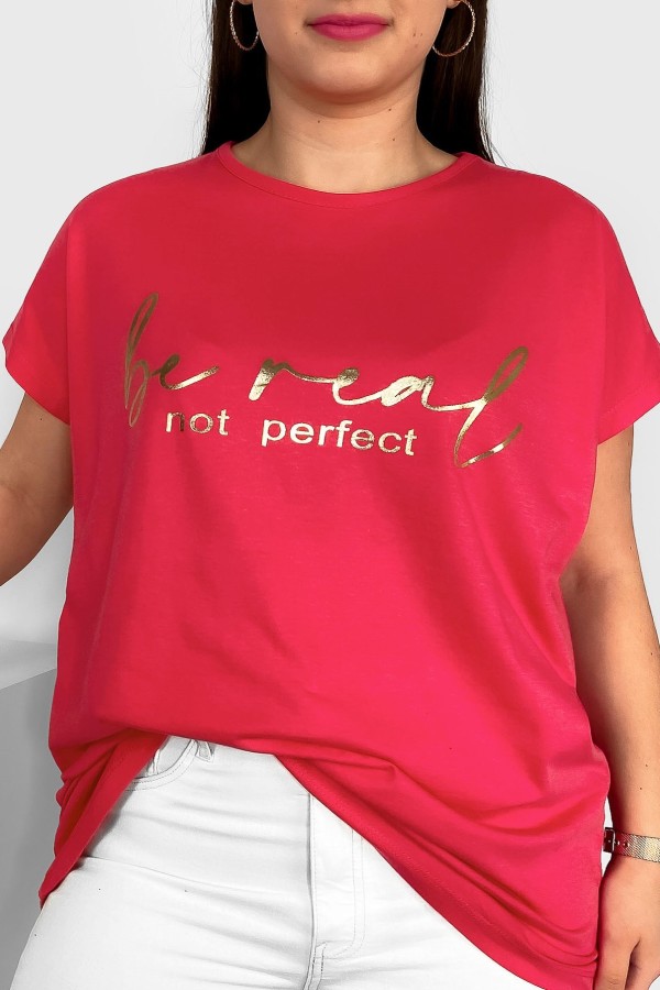Nietoperz T-shirt damski plus size w kolorze perskiej czerwieni złoty napisy Be real