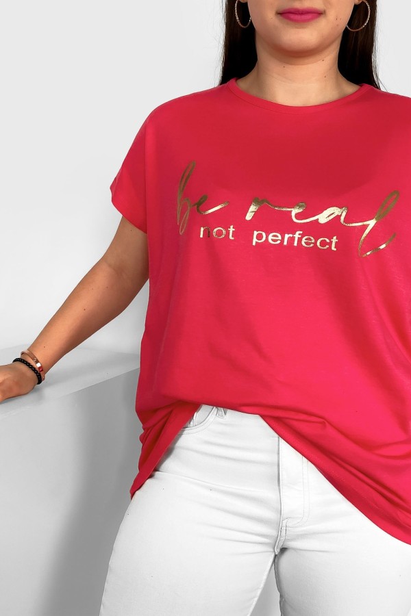 Nietoperz T-shirt damski plus size w kolorze perskiej czerwieni złoty napisy Be real 1