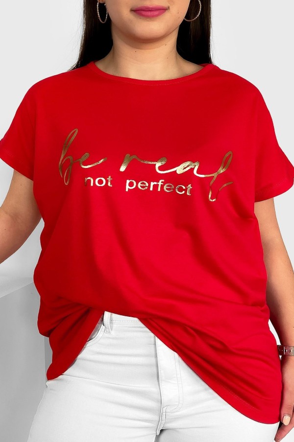 Nietoperz T-shirt damski plus size w kolorze czerwonym złoty napisy Be real