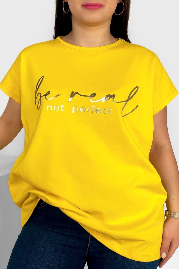 Nietoperz T-shirt damski plus size w kolorze żółtym złoty napisy Be real