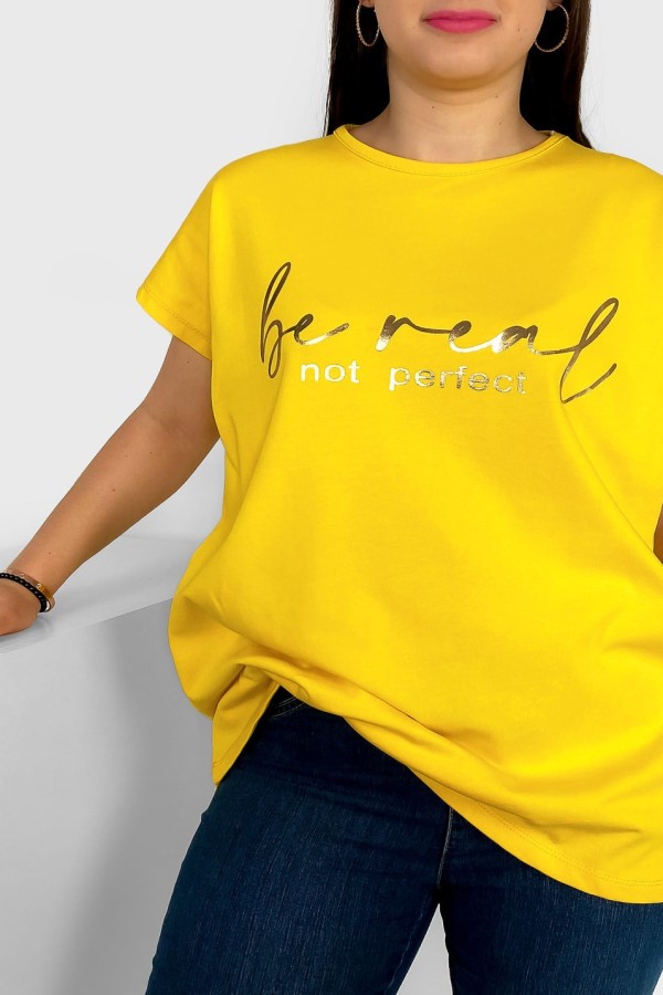 Nietoperz T-shirt damski plus size w kolorze żółtym złoty napisy Be real 1