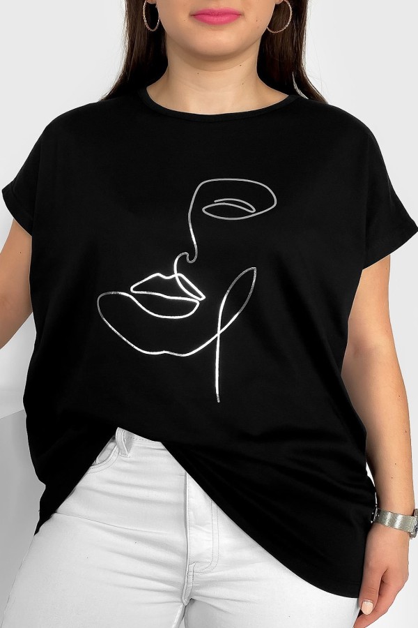 Nietoperz T-shirt damski plus size w kolorze czarnym srebrny nadruk line art face 2