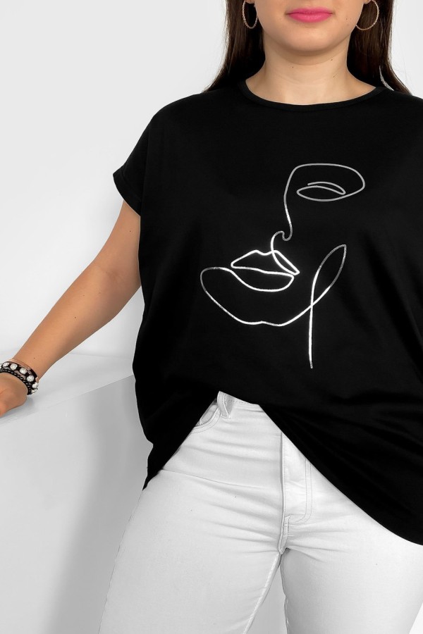 Nietoperz T-shirt damski plus size w kolorze czarnym srebrny nadruk line art face 1