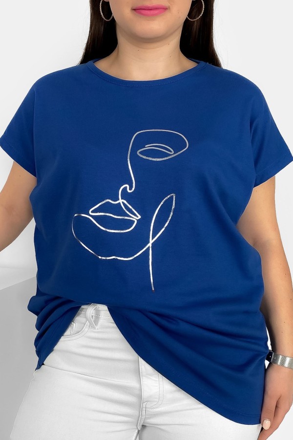 Nietoperz T-shirt damski plus size w kolorze dark blue srebrny nadruk line art face