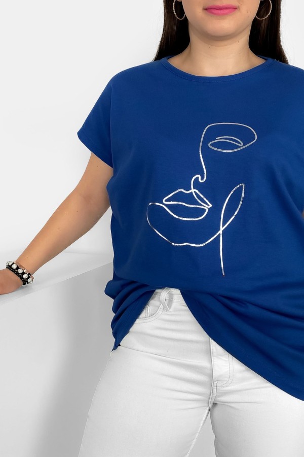 Nietoperz T-shirt damski plus size w kolorze dark blue srebrny nadruk line art face 1