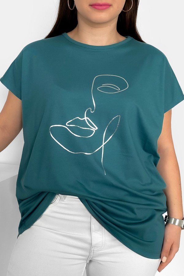 Nietoperz T-shirt damski plus size w kolorze morskiej zieleni srebrny nadruk line art face 2