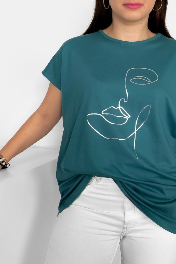 Nietoperz T-shirt damski plus size w kolorze morskiej zieleni srebrny nadruk line art face 1