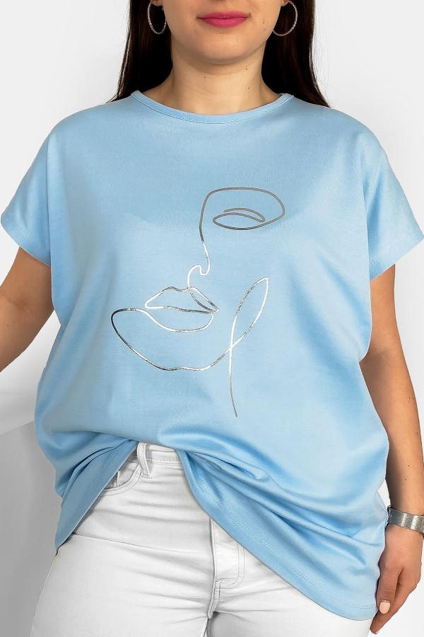 Nietoperz T-shirt damski plus size w kolorze błękitnym srebrny nadruk line art face