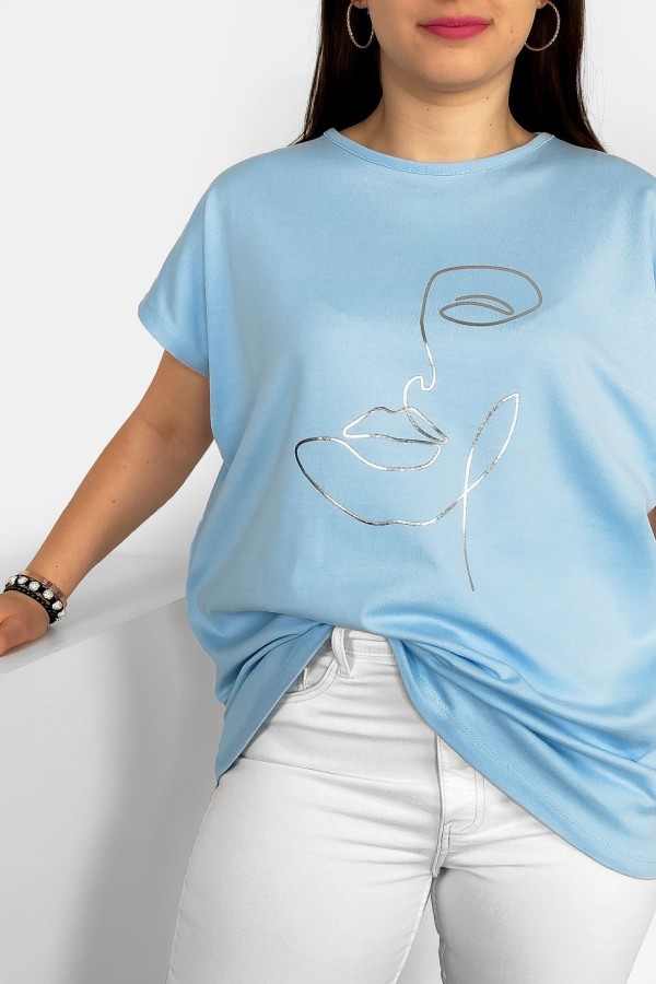 Nietoperz T-shirt damski plus size w kolorze błękitnym srebrny nadruk line art face 1