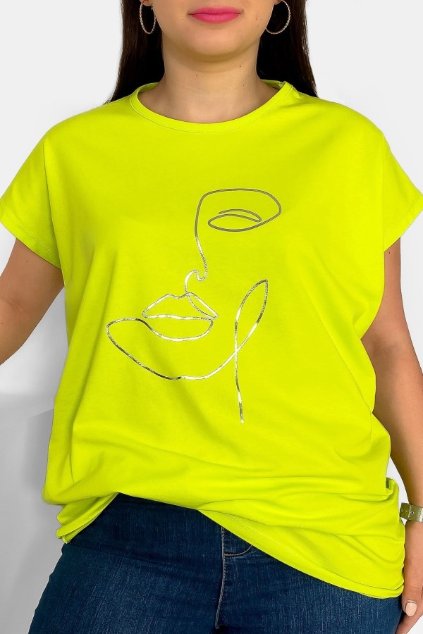 Nietoperz T-shirt damski plus size w kolorze limonkowym srebrny nadruk line art face