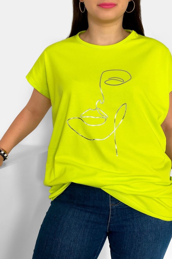 Nietoperz T-shirt damski plus size w kolorze limonkowym srebrny nadruk line art face 1