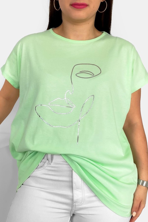 Nietoperz T-shirt damski plus size w kolorze zielonej herbaty srebrny nadruk line art face