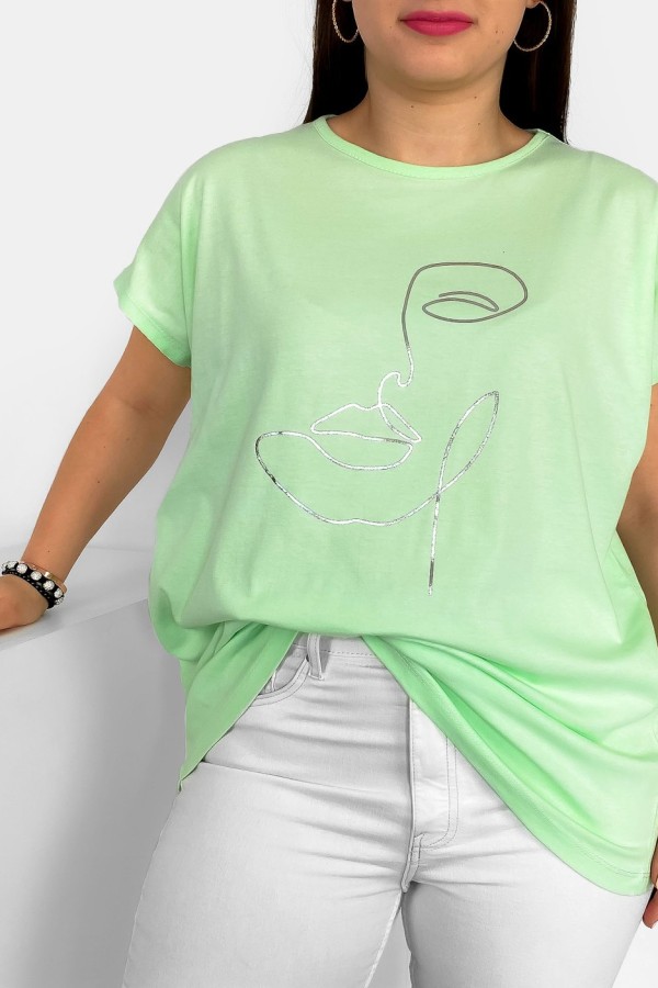 Nietoperz T-shirt damski plus size w kolorze zielonej herbaty srebrny nadruk line art face 1