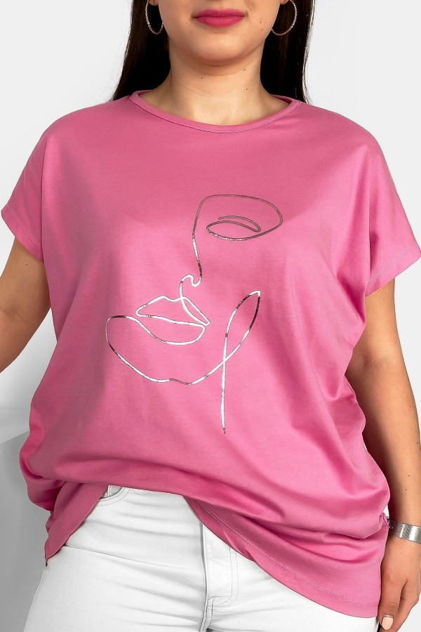Nietoperz T-shirt damski plus size w kolorze old pink róż srebrny nadruk line art face
